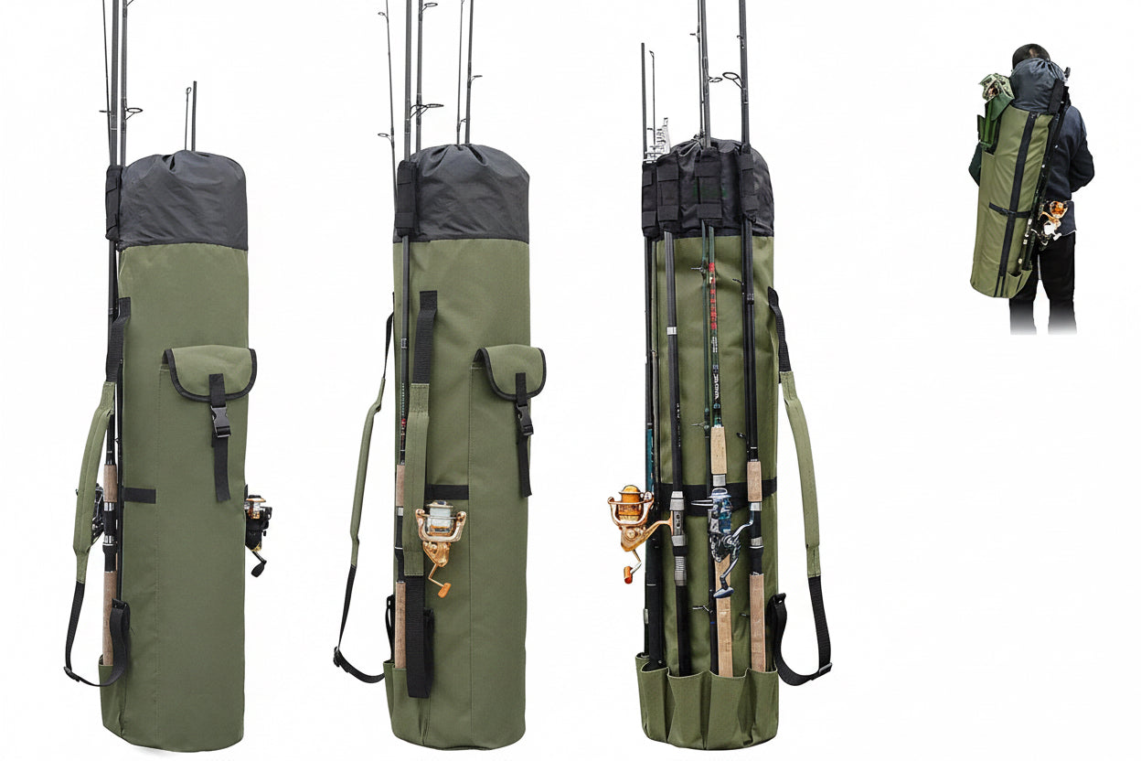 Multifunction Fishing Pole Bag - Waterproof Rod Reel Bag Carrier Case, Durable Canvas Tackle Large Storage Gift for Men Travel, Khaki